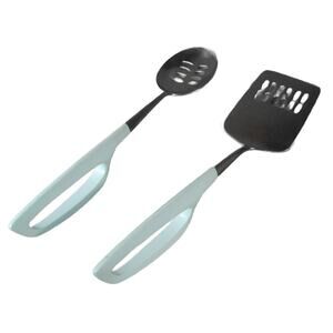 Vintage Sears Stainless Slotted Spoon & Spatula Set Japan MCM White Open Handle